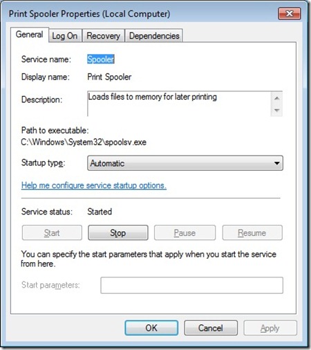 Свойства службы Windows 7 с полями пути, типа запуска и состояния