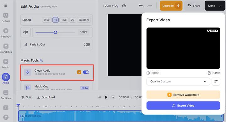 Инструмент Clean Audio и экспорт в интерфейсе VEED