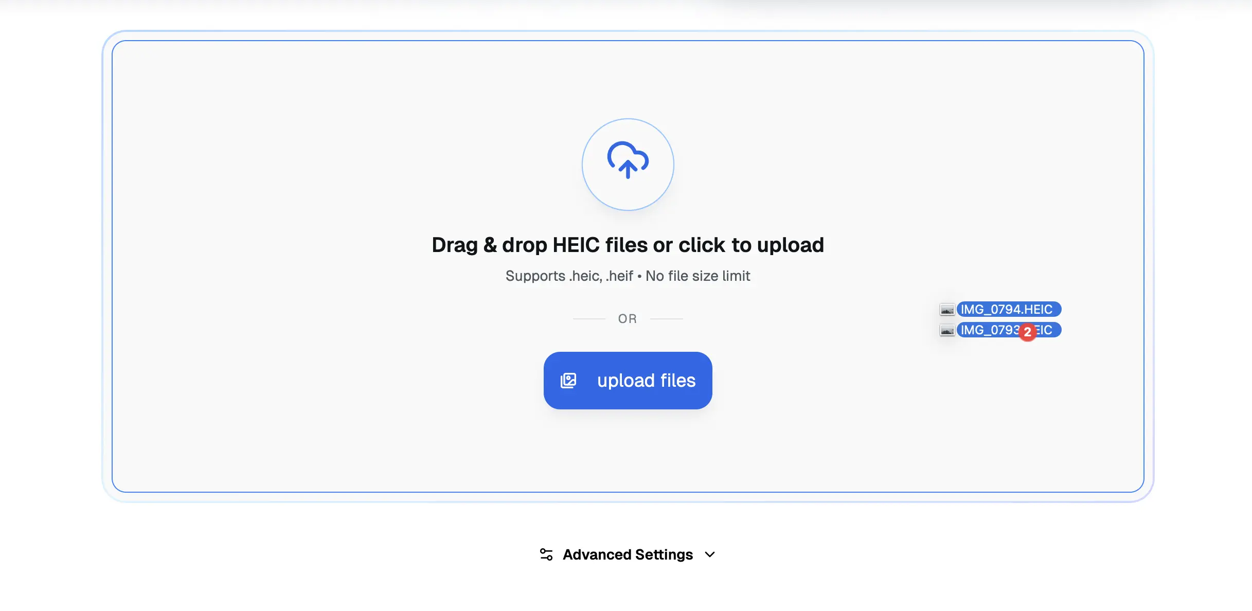 Зона загрузки HEIC to WebP на heictopng.org
