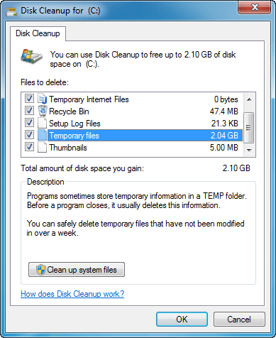Список файлов для удаления в Очистке диска Windows 7