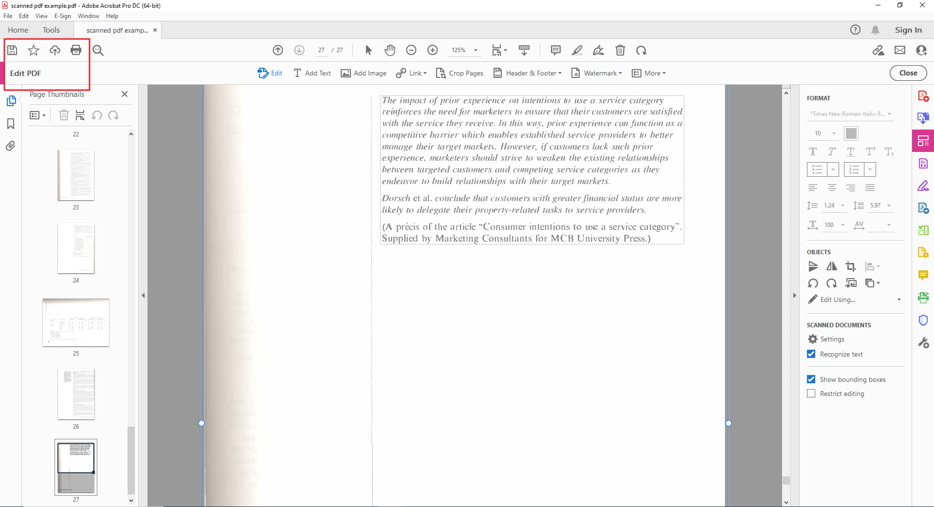 Пример интерфейса Adobe Acrobat после редактирования scanned PDF