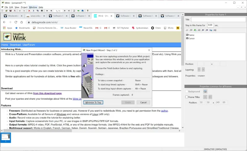 Wink Screen Recorder в режиме захвата: New Project Step 2 of 2