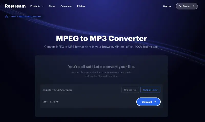 Restream — MPEG to MP3, Choose File и Convert