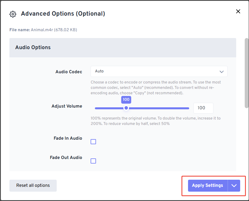 FreeConvert — Advanced Settings для аудиоконвертации