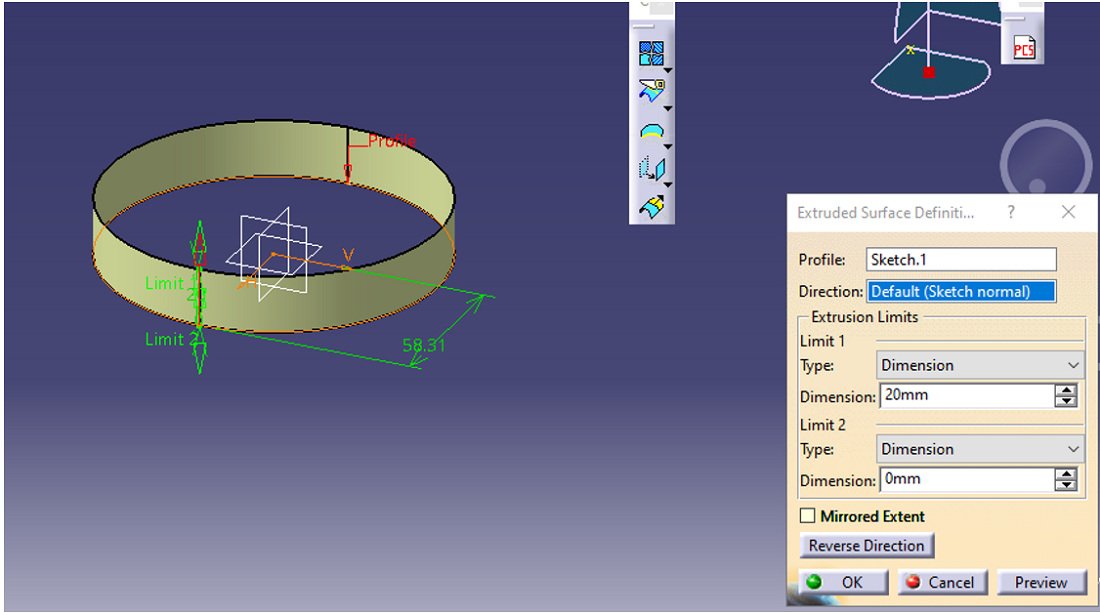 CATIA V5: операция Extrude Surface Definition при построении цилиндрической поверхности