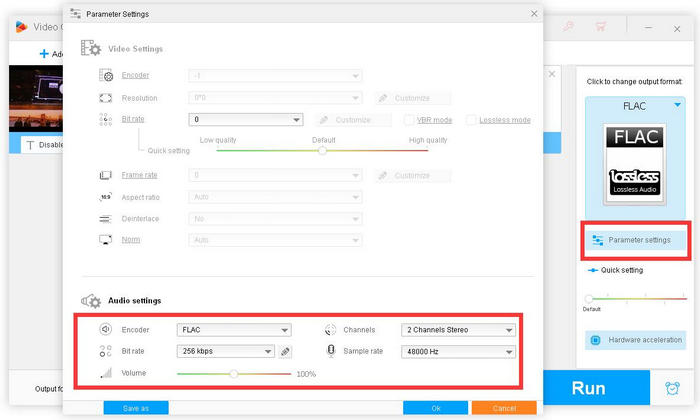 Parameter Settings WonderFox с битрейтом, каналами и частотой дискретизации