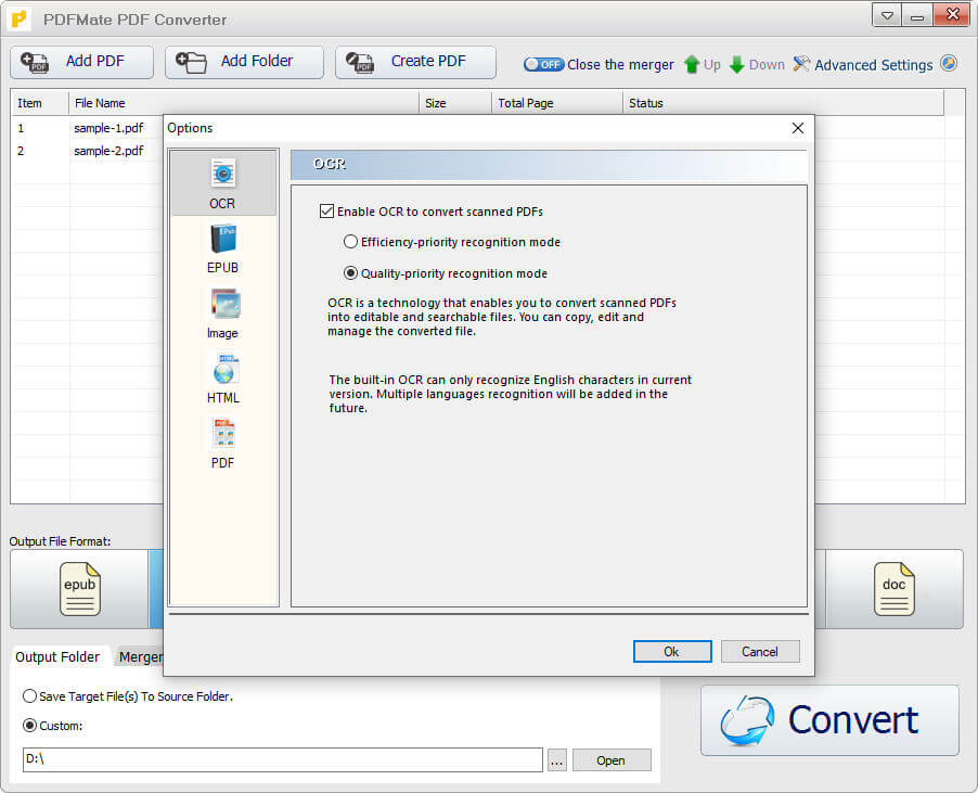 Окно OCR в PDFMate PDF Converter с режимами Efficiency-priority и Quality-priority