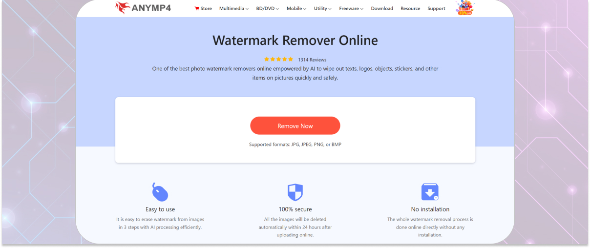 Страница AnyMP4 Watermark Remover Online