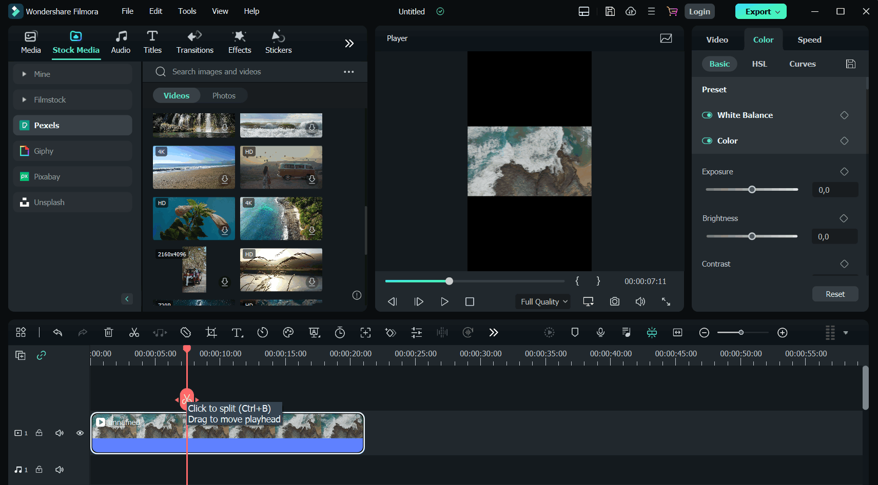 Кнопка Split в Wondershare Filmora
