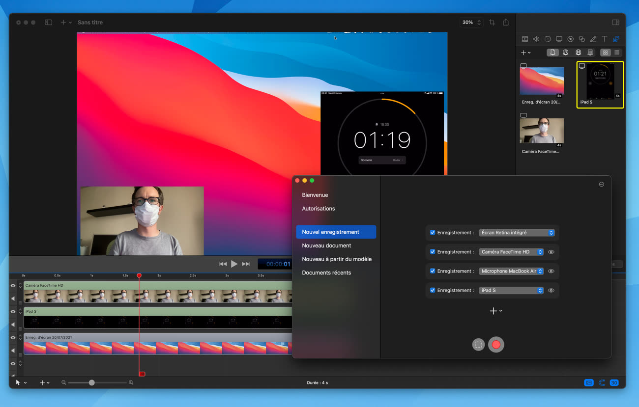 Интерфейс ScreenFlow с настройкой записи экрана, камеры и микрофона