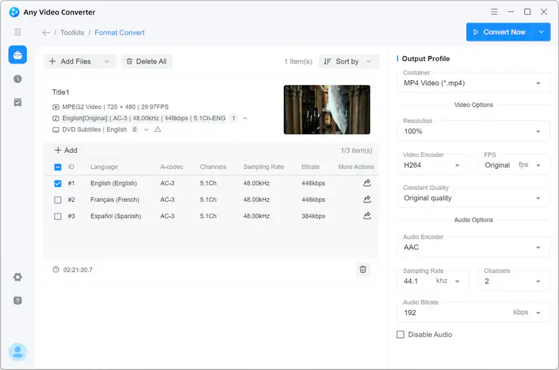 Выбор аудиодорожек и DVD-субтитров в Any Video Converter