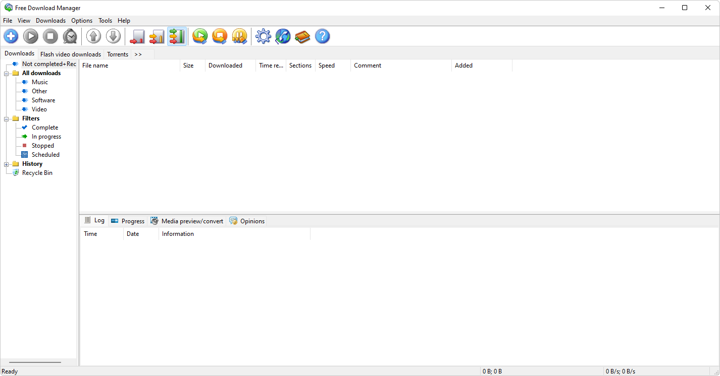 Интерфейс Free Download Manager со списком загрузок и категориями