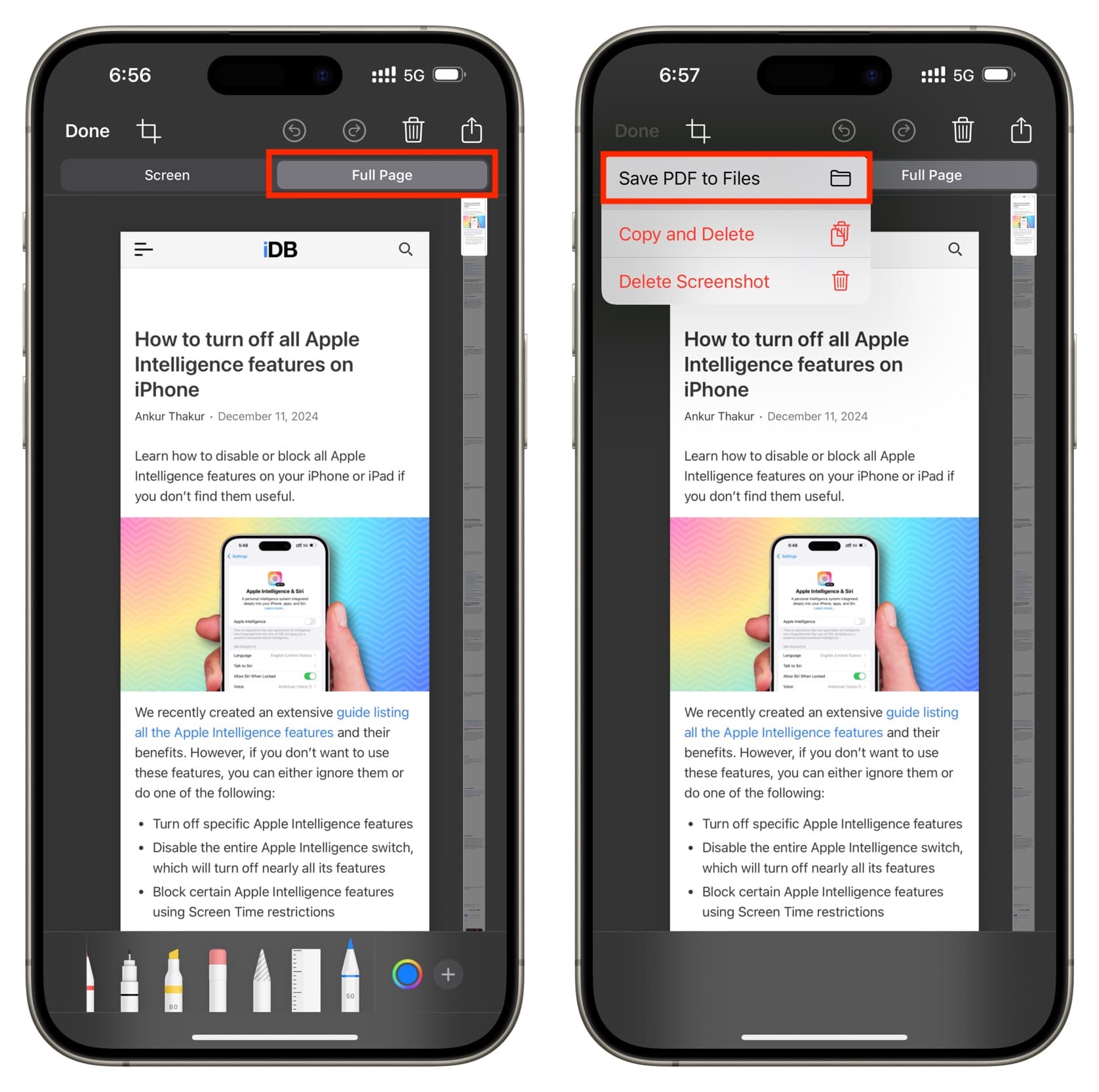 Режим Full Page и команда Save PDF to Files на iPhone