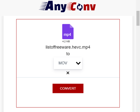 Экран AnyConv с исходным файлом и выбранным форматом MOV