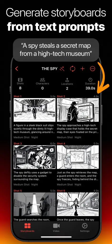 Интерфейс Storyboard Creator AI с кадрами, персонажами, локациями и длительностью