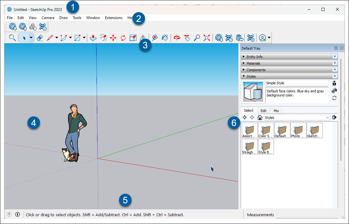 Интерфейс SketchUp с рабочей областью, панелью инструментов, Default Tray и полем Measurements