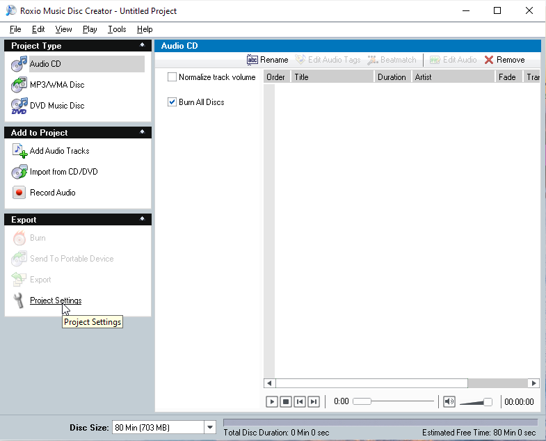 Roxio Music Disc Creator с проектом Audio CD