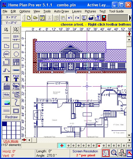 Главное окно Home Plan Pro с планом дома, панелью инструментов, линейками и нижней строкой состояния