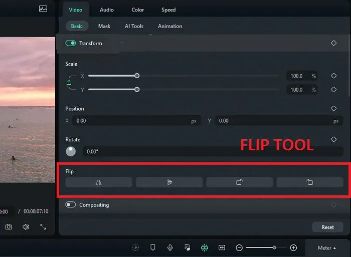 Панель Flip в Wondershare Filmora