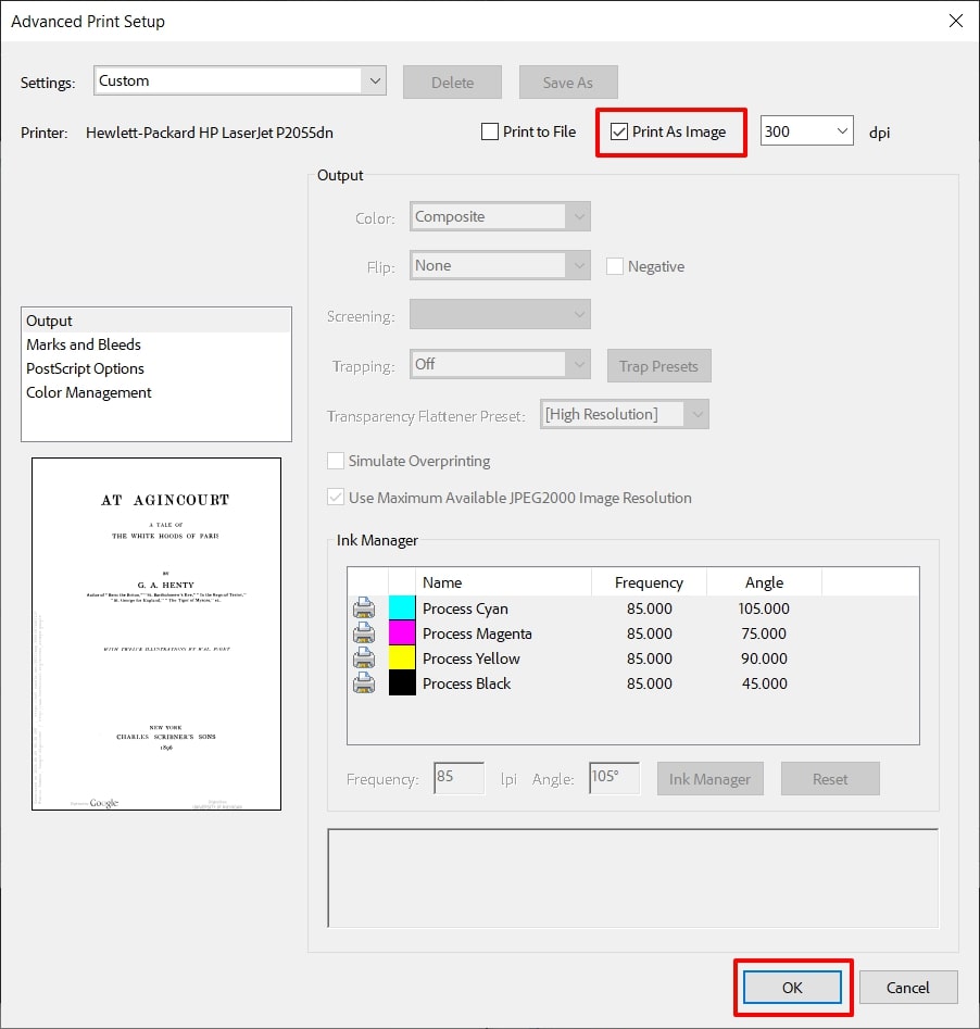 Окно Advanced Print Setup в Adobe Acrobat с включенным Print as Image