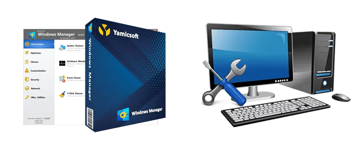 Общий баннер Yamicsoft Windows Manager с интерфейсом программы и фирменной коробкой