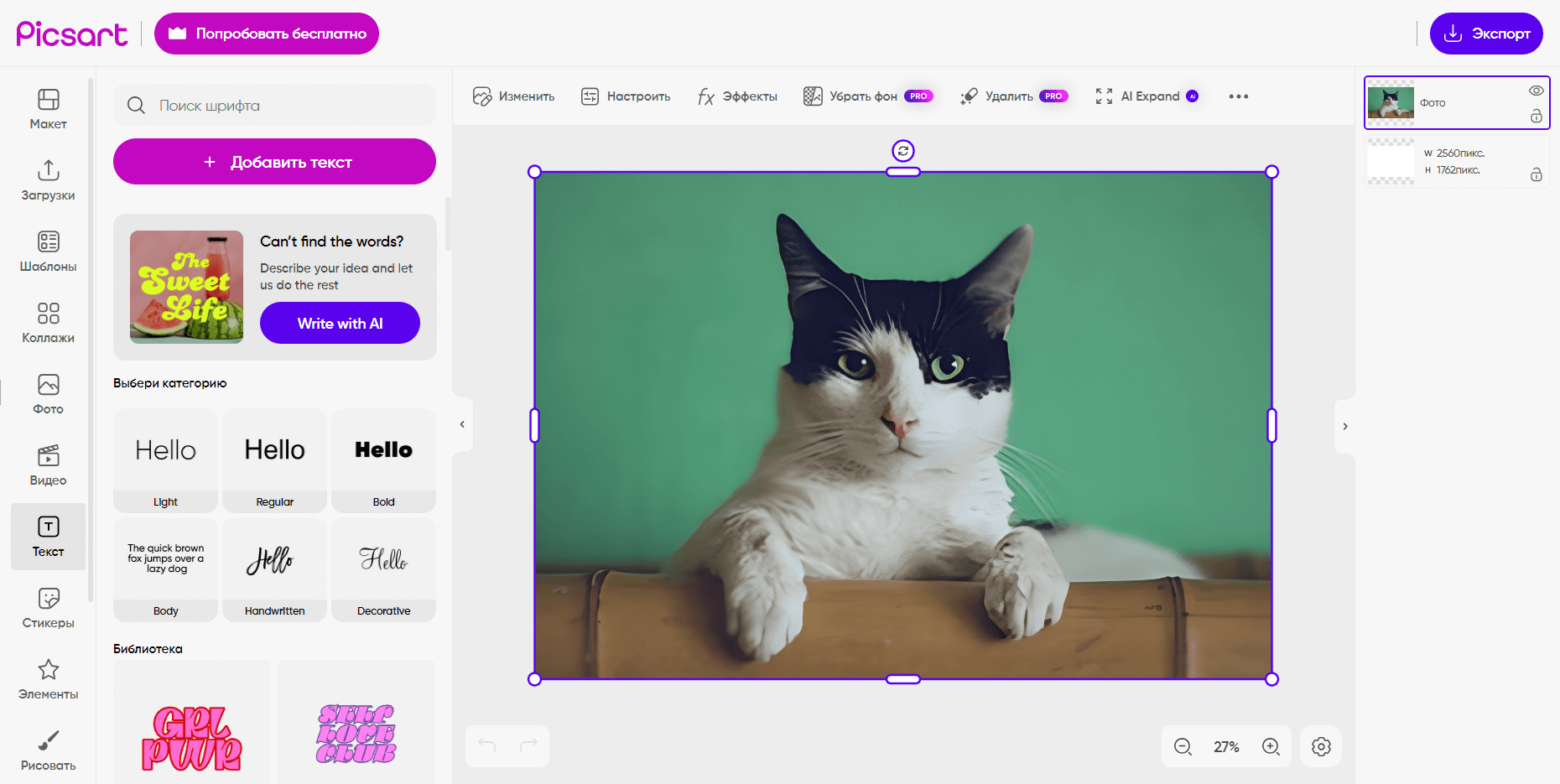 Дополнительный экран интерфейса Picsart