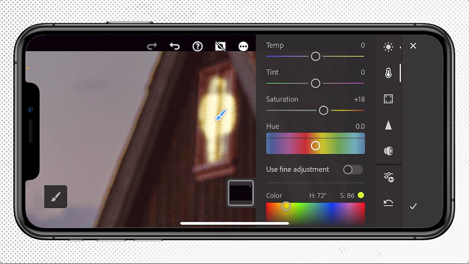 Интерфейс Lightroom Mobile с маской и локальными параметрами Hue Saturation Temperature Tint