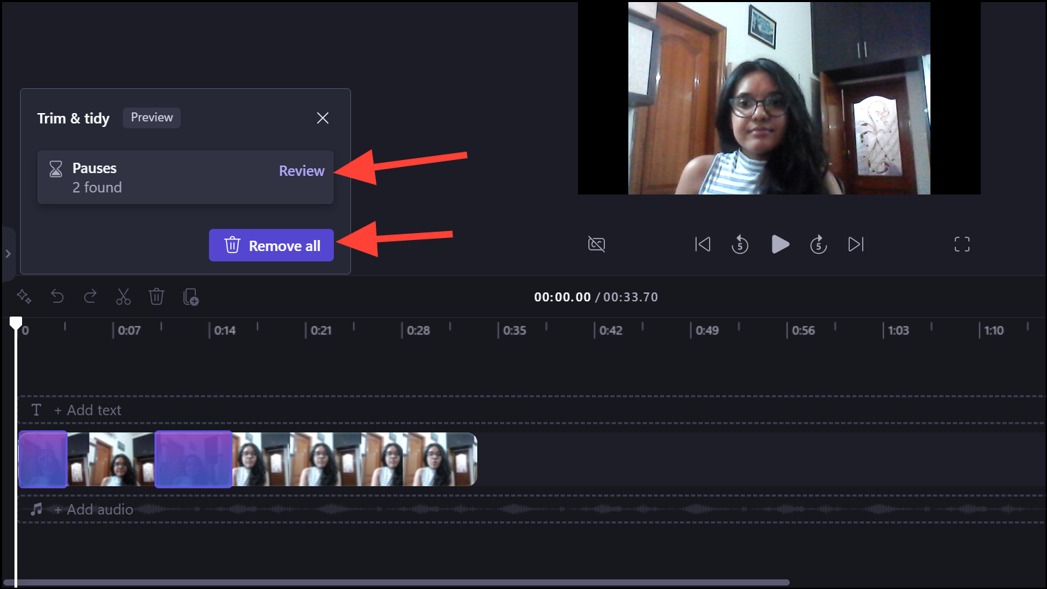 Clipchamp: найденные паузы, Review и Remove all