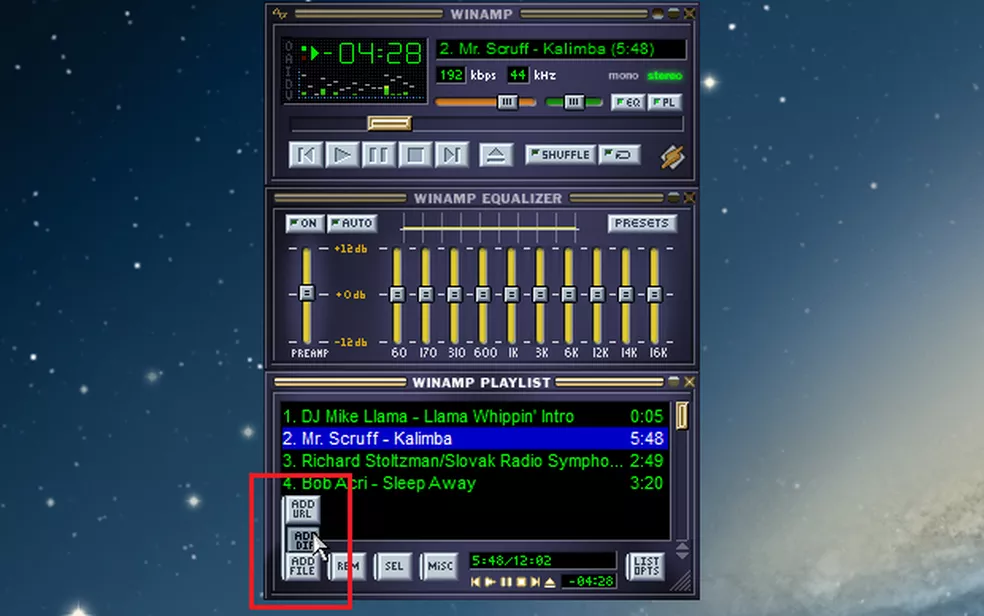 Winamp с плейлистом и кнопками добавления файлов