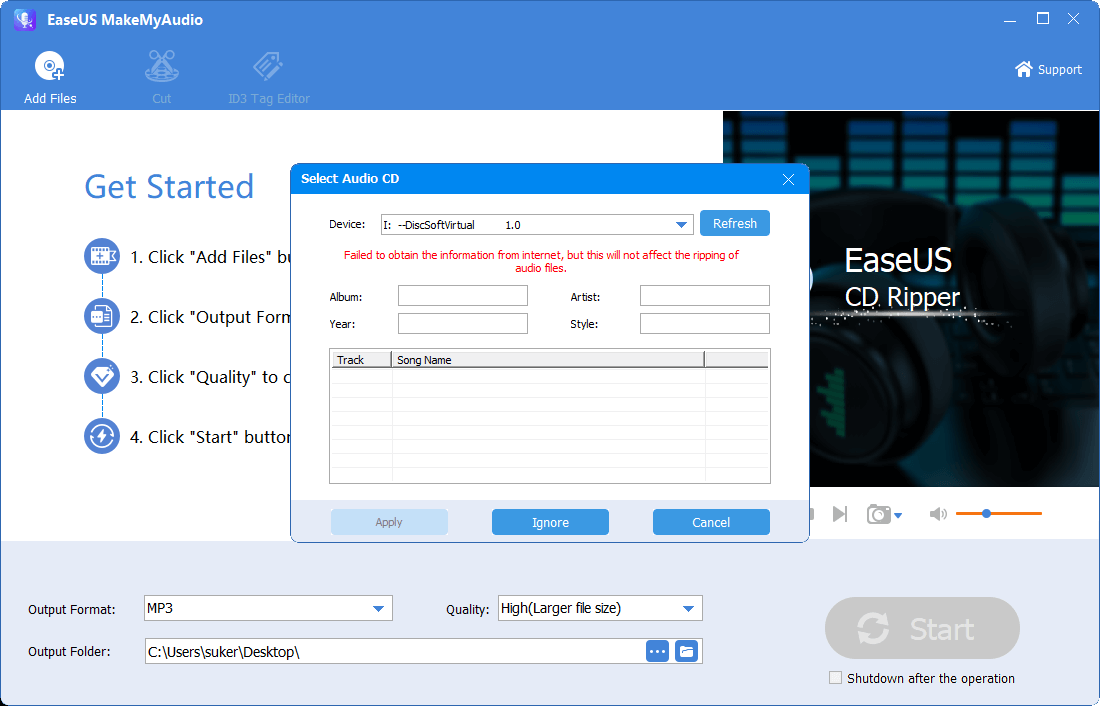 EaseUS MakeMyAudio: выбор Audio CD и параметров MP3 в CD Ripper