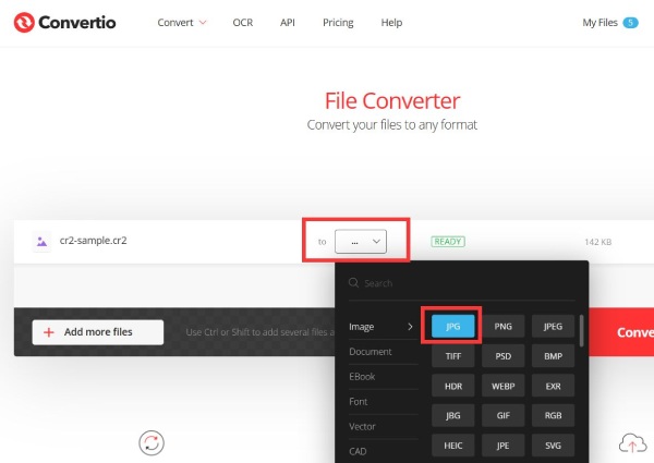 Интерфейс Convertio с выбором выходного формата JPG
