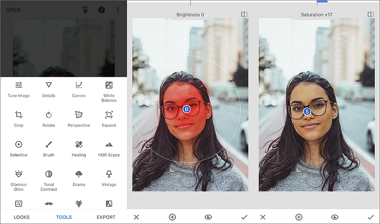 Интерфейс Snapseed с локальными инструментами коррекции оттенка кожи