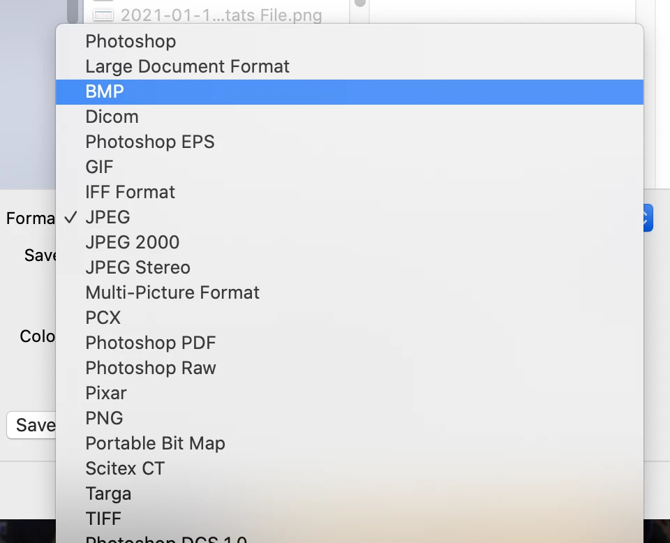Диалог Save As в Adobe Photoshop с выбранным форматом BMP