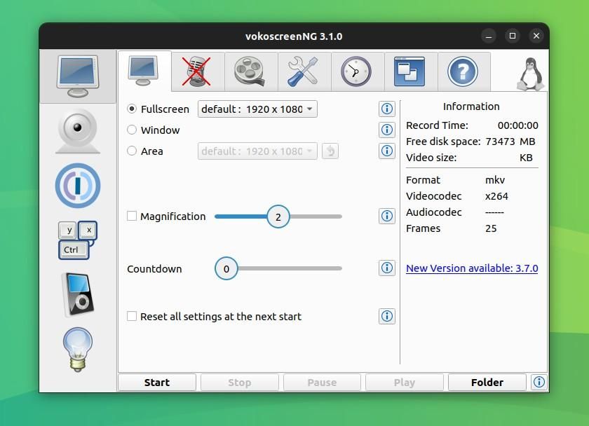 Интерфейс vokoscreenNG: основные настройки записи