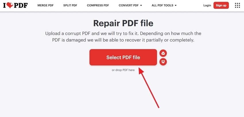 Кнопка Select PDF File в iLovePDF Repair PDF