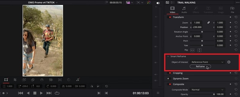 Ручная Reference Point для Smart Reframe в DaVinci Resolve Studio
