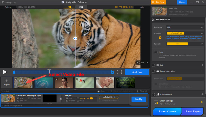 Рабочее окно Aiarty Video Enhancer с моделью апскейла, предпросмотром и пакетным экспортом
