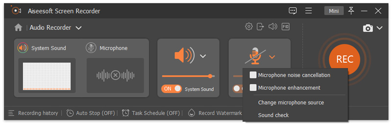Настройка источника системного звука и микрофона в Aiseesoft Screen Recorder