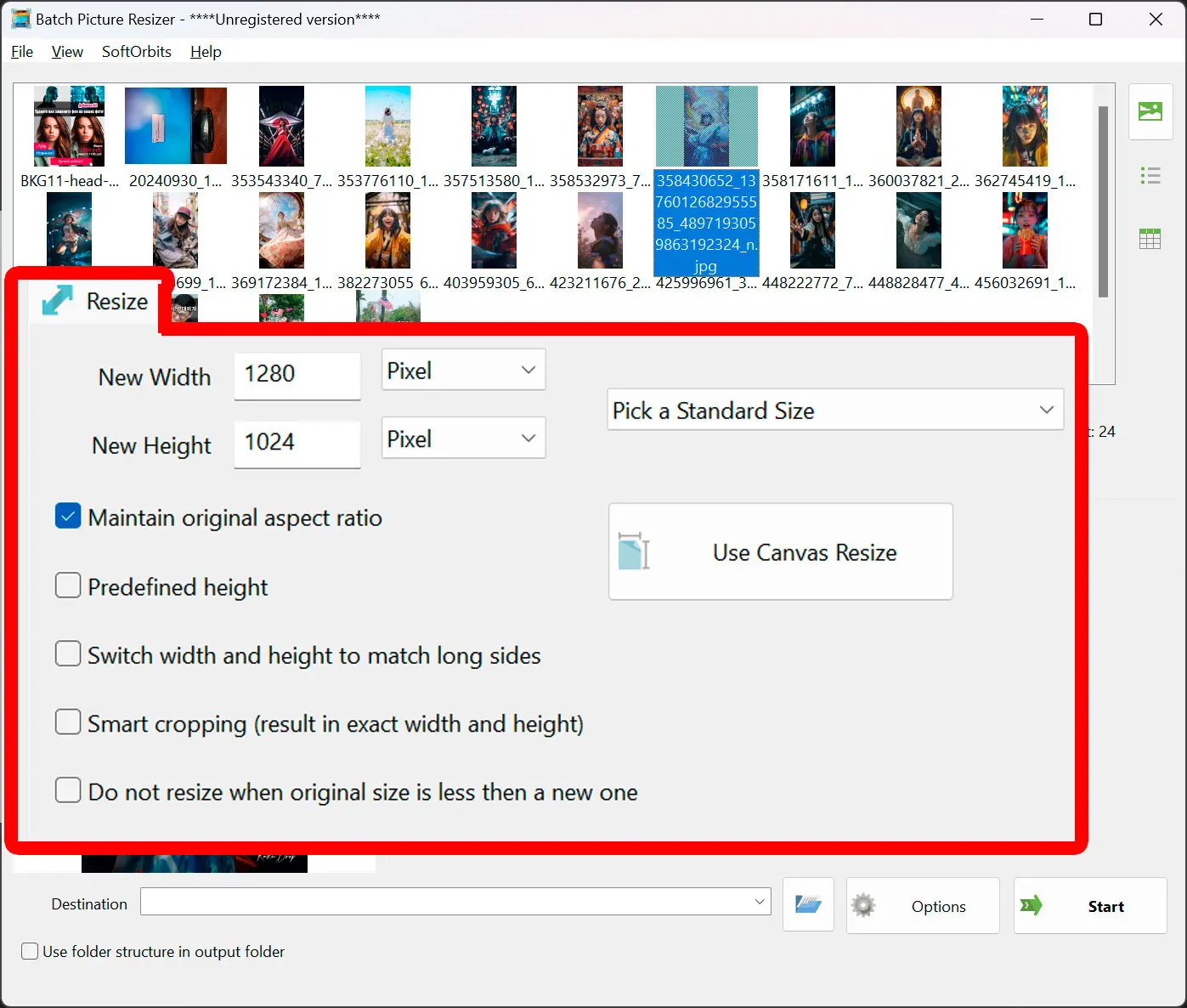 Настройки Resize в SoftOrbits Batch Picture Resizer