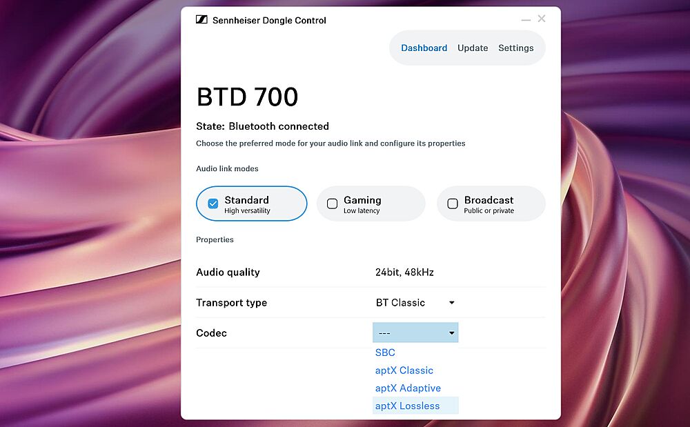Sennheiser Dongle Control для BTD 700 с режимами передачи и списком Bluetooth-кодеков