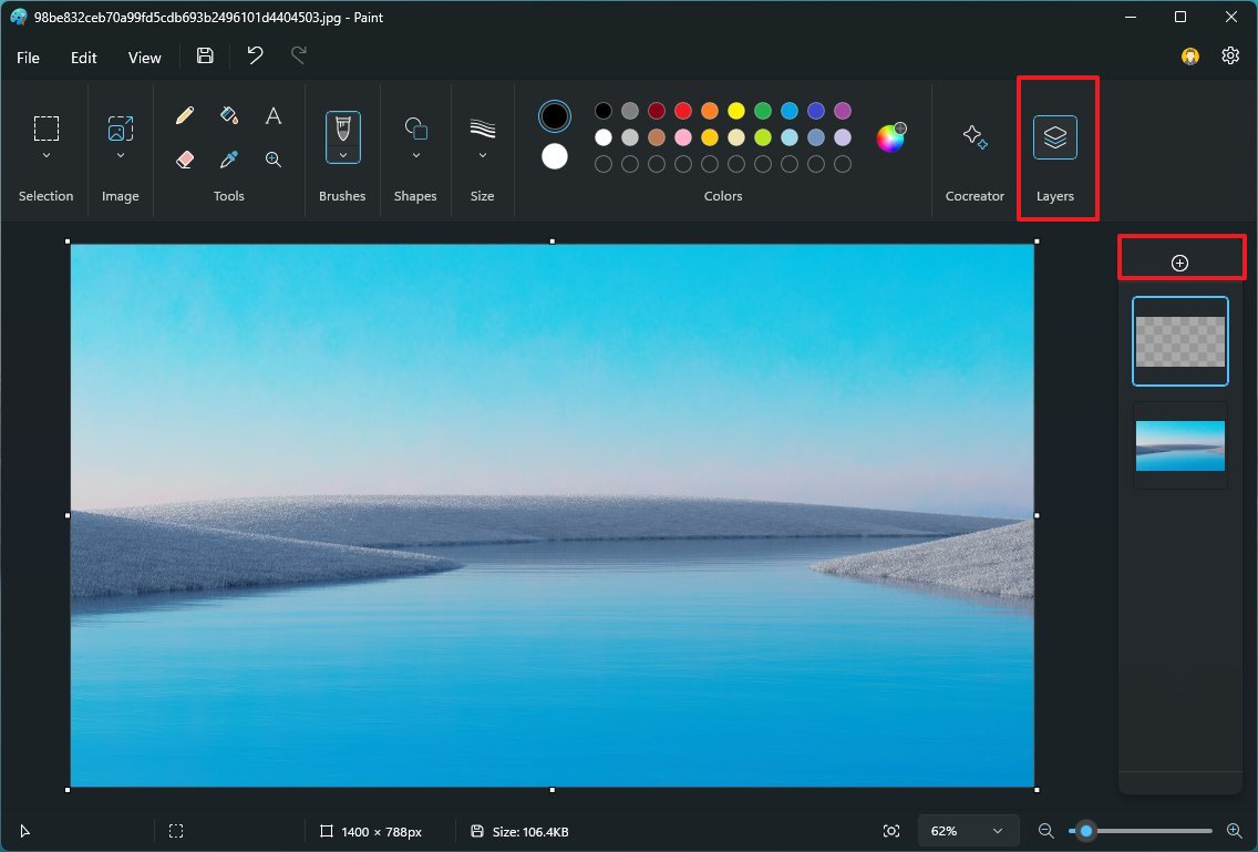 Интерфейс Microsoft Paint в Windows 11 с панелью инструментов, палитрой, кнопками Cocreator и Layers