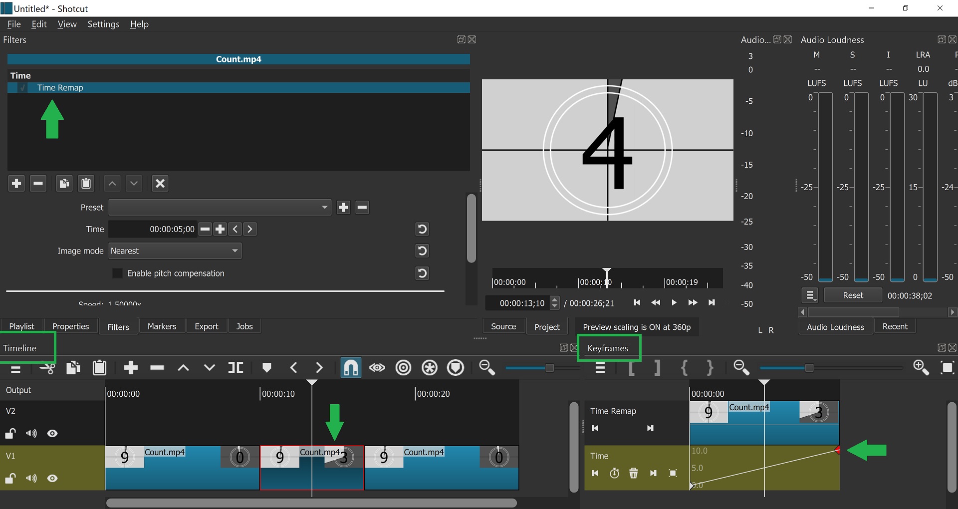 Фильтр Time Remap и ключевые кадры скорости в Shotcut