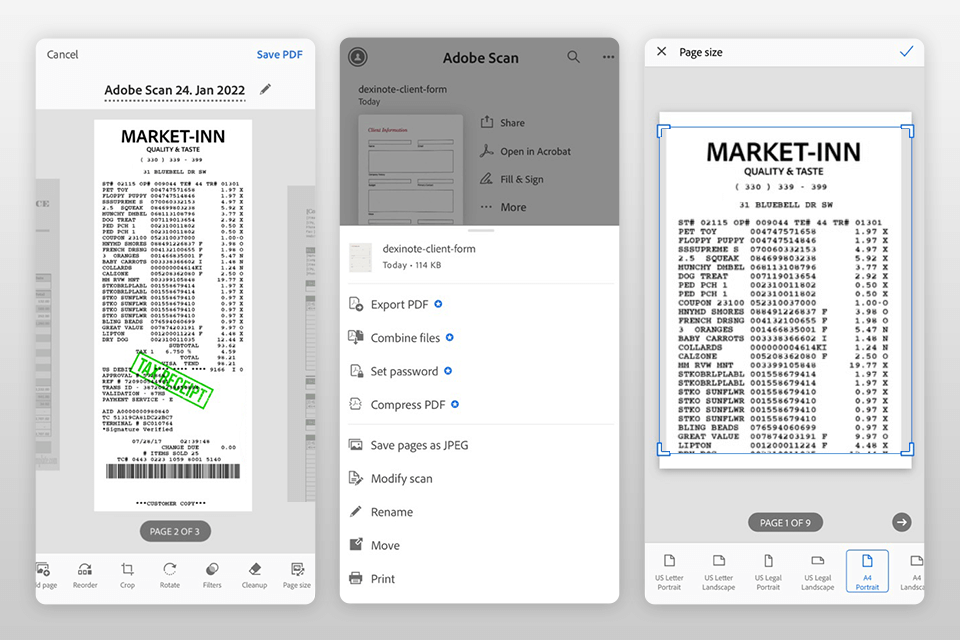 Интерфейс Adobe Scan с отсканированным документом и настройкой страницы