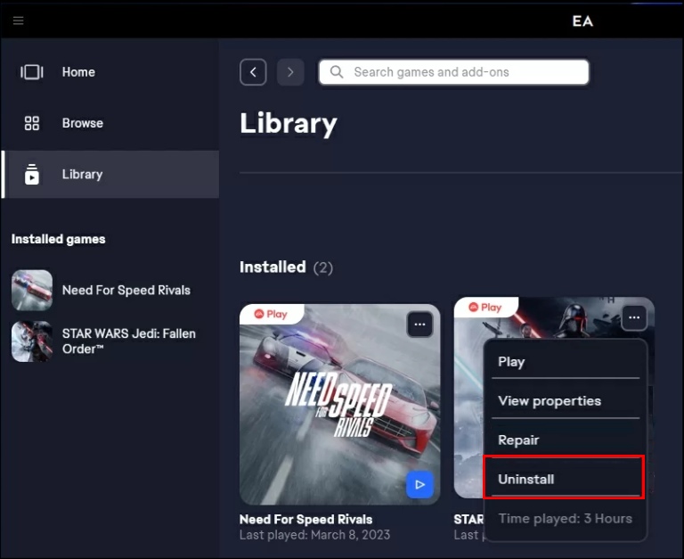Меню EA app с командой Uninstall для установленной игры
