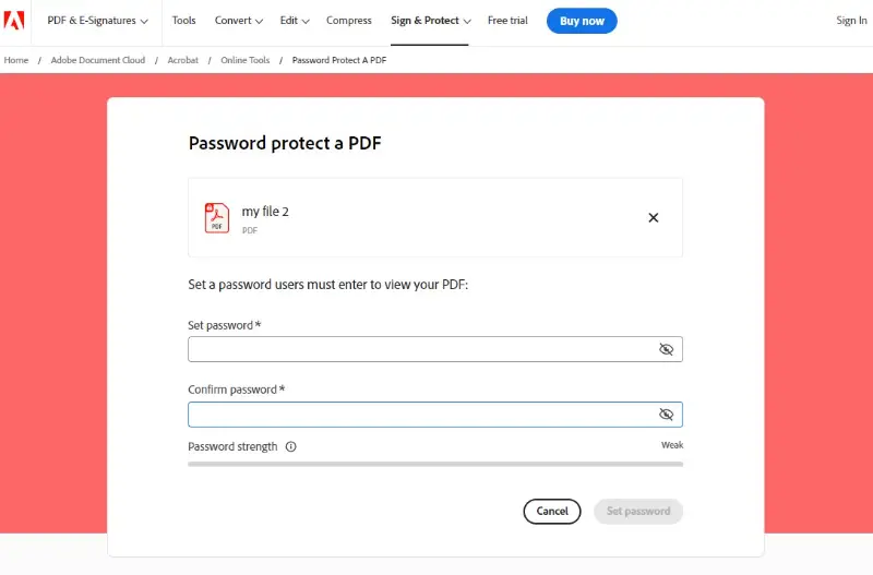 Веб-инструмент Adobe Acrobat для установки пароля на PDF