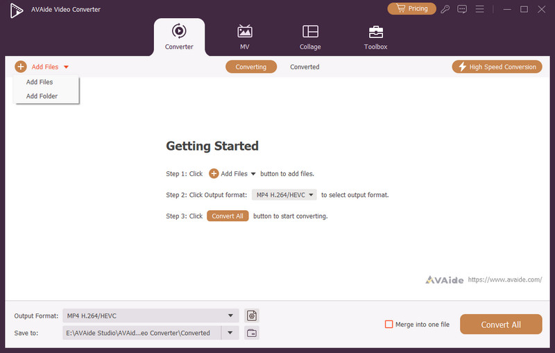 Главное окно AVAide Video Converter с режимом Converter и кнопкой Add Files