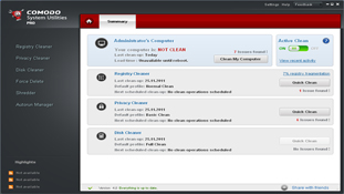 Главное окно Comodo System Utilities с экраном Summary и кнопкой Clean My Computer