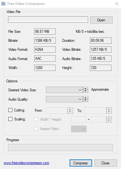Free Video Compressor после открытия файла: отображаются размер, битрейт, длительность, формат и разрешение
