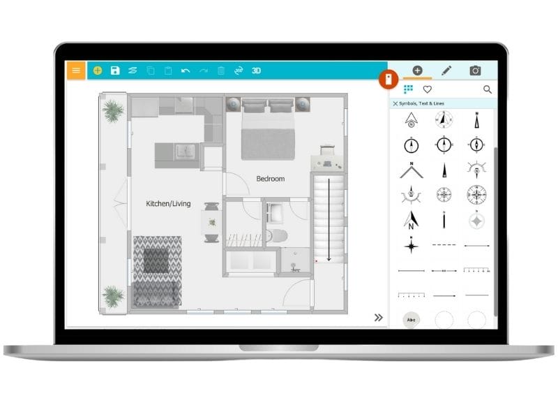 Интерфейс RoomSketcher с планом дома и библиотекой элементов