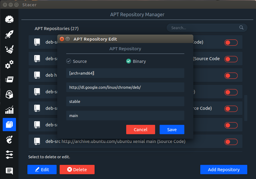 Редактирование APT Repository в Stacer